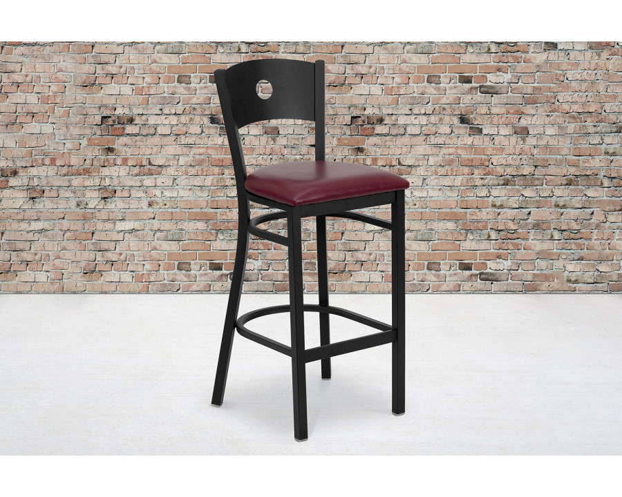 BLNK HERCULES Series Black Metal Circle Back Restaurant Bar Stool with Vinyl Seat - Burgundy