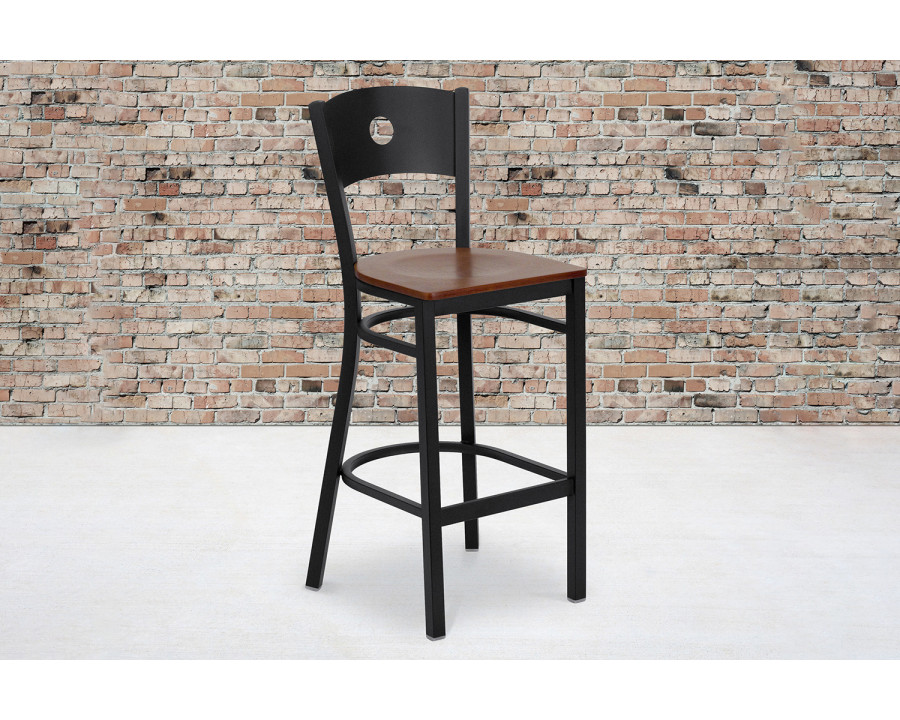 BLNK HERCULES Series Black Metal Circle Back Restaurant Bar Stool with Wood Seat - Cherry