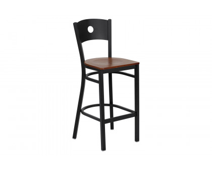 BLNK HERCULES Series Black Metal Circle Back Restaurant Bar Stool with Wood Seat - Cherry