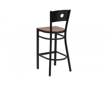 BLNK HERCULES Series Black Metal Circle Back Restaurant Bar Stool with Wood Seat - Cherry