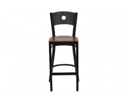 BLNK HERCULES Series Black Metal Circle Back Restaurant Bar Stool with Wood Seat - Cherry