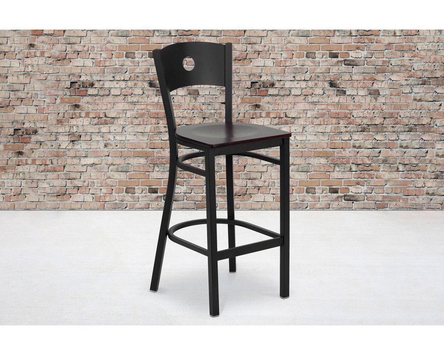 BLNK HERCULES Series Black Metal Circle Back Restaurant Bar Stool with Wood Seat