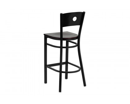 BLNK HERCULES Series Black Metal Circle Back Restaurant Bar Stool with Wood Seat - Mahogany