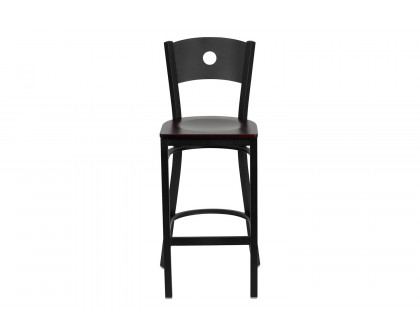 BLNK HERCULES Series Black Metal Circle Back Restaurant Bar Stool with Wood Seat - Mahogany