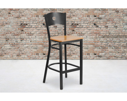 BLNK HERCULES Series Black Metal Circle Back Restaurant Bar Stool with Wood Seat