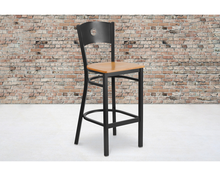 BLNK HERCULES Series Black Metal Circle Back Restaurant Bar Stool with Wood Seat - Natural