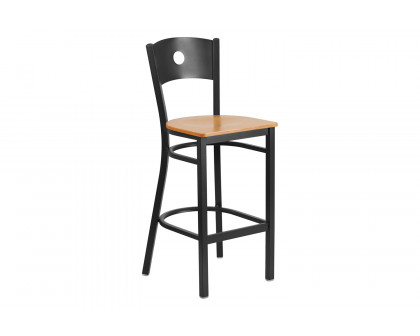 BLNK HERCULES Series Black Metal Circle Back Restaurant Bar Stool with Wood Seat - Natural