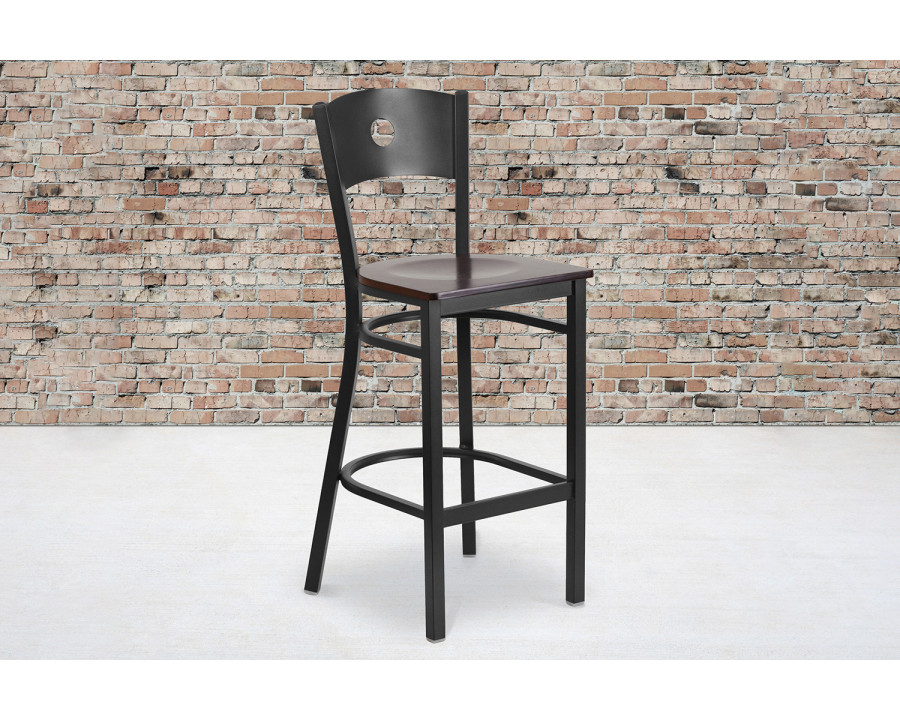 BLNK HERCULES Series Black Metal Circle Back Restaurant Bar Stool with Wood Seat - Walnut