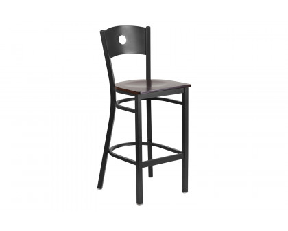 BLNK HERCULES Series Black Metal Circle Back Restaurant Bar Stool with Wood Seat - Walnut