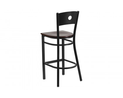 BLNK HERCULES Series Black Metal Circle Back Restaurant Bar Stool with Wood Seat - Walnut