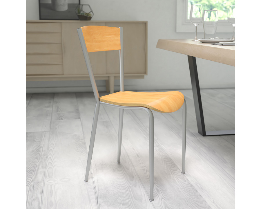 BLNK - Invincible Series Silver Metal Restaurant Chair with Natural Wood Back and Seat