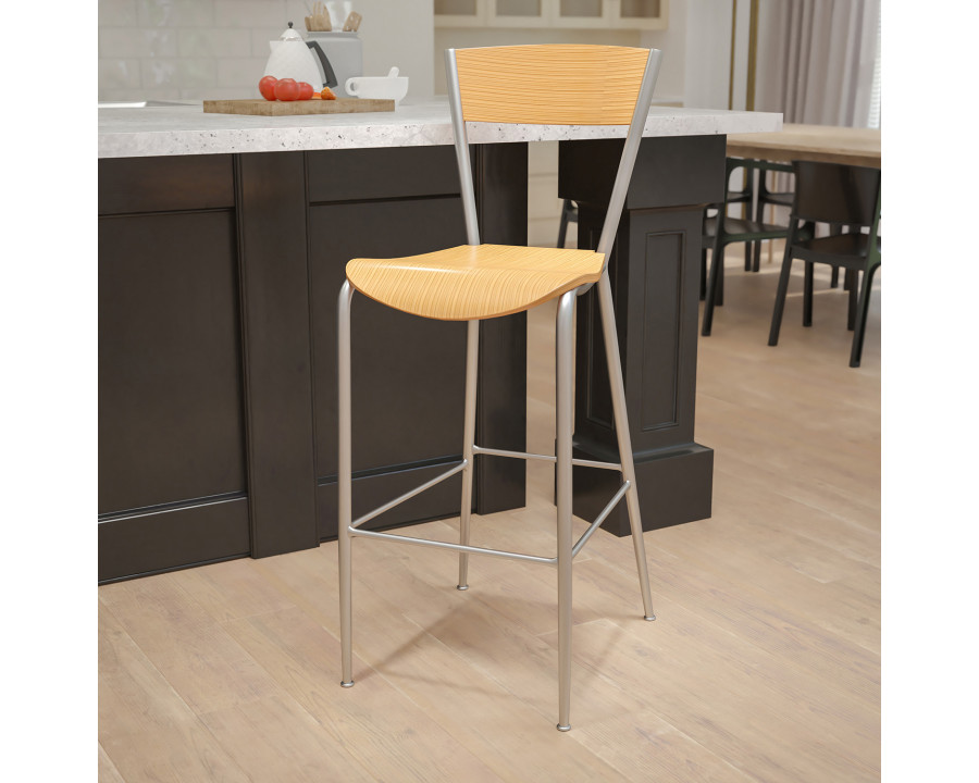 BLNK - Invincible Series Silver Restaurant Bar Stool with Natural Wood Back and Seat