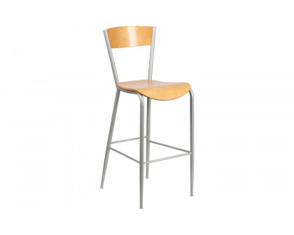 BLNK - Invincible Series Silver Restaurant Bar Stool with Natural Wood Back and Seat