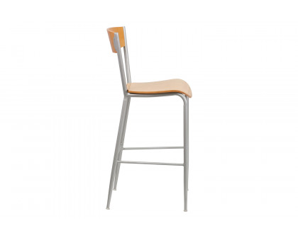 BLNK - Invincible Series Silver Restaurant Bar Stool with Natural Wood Back and Seat