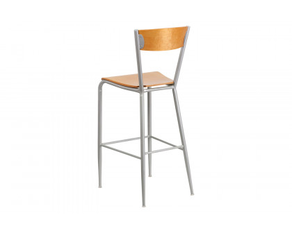 BLNK - Invincible Series Silver Restaurant Bar Stool with Natural Wood Back and Seat