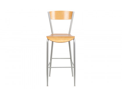 BLNK - Invincible Series Silver Restaurant Bar Stool with Natural Wood Back and Seat