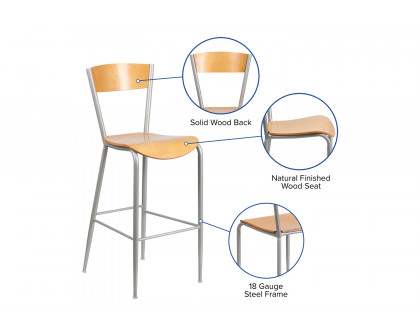 BLNK - Invincible Series Silver Restaurant Bar Stool with Natural Wood Back and Seat