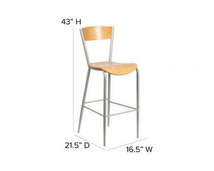 BLNK - Invincible Series Silver Restaurant Bar Stool with Natural Wood Back and Seat