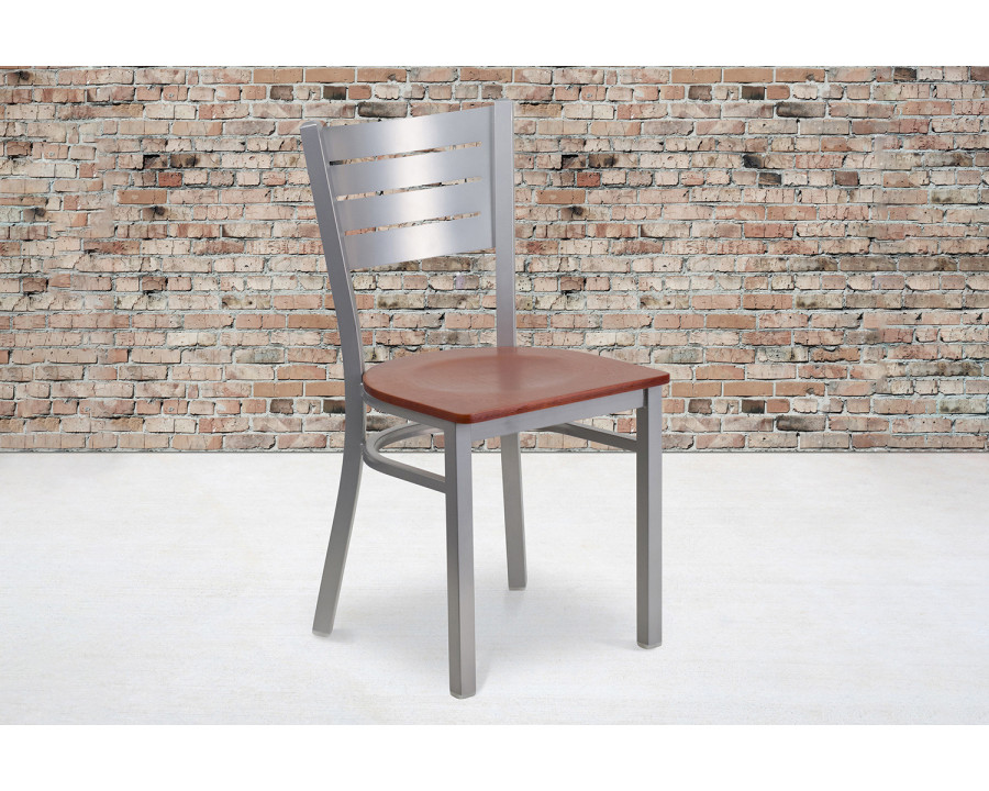 BLNK HERCULES Series Silver Metal Slat Back Restaurant Chair with Wood Seat - Cherry