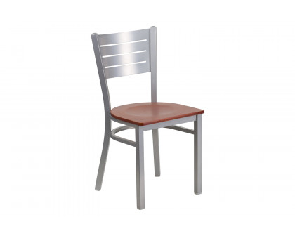 BLNK HERCULES Series Silver Metal Slat Back Restaurant Chair with Wood Seat - Cherry