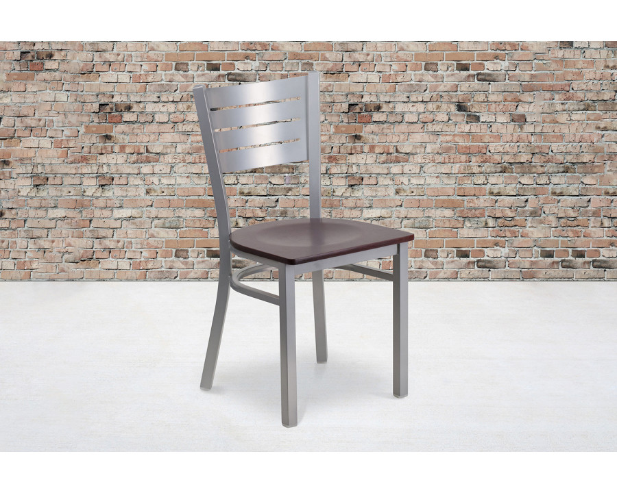 BLNK HERCULES Series Silver Metal Slat Back Restaurant Chair with Wood Seat