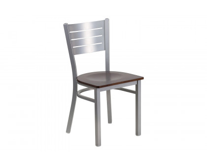 BLNK HERCULES Series Silver Metal Slat Back Restaurant Chair with Wood Seat - Walnut