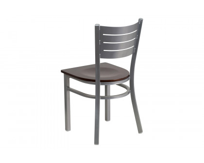 BLNK HERCULES Series Silver Metal Slat Back Restaurant Chair with Wood Seat - Walnut