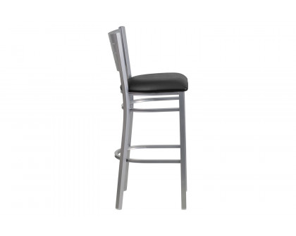 BLNK HERCULES Series Silver Metal Slat Back Restaurant Bar Stool with Vinyl Seat - Black