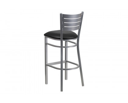 BLNK HERCULES Series Silver Metal Slat Back Restaurant Bar Stool with Vinyl Seat - Black