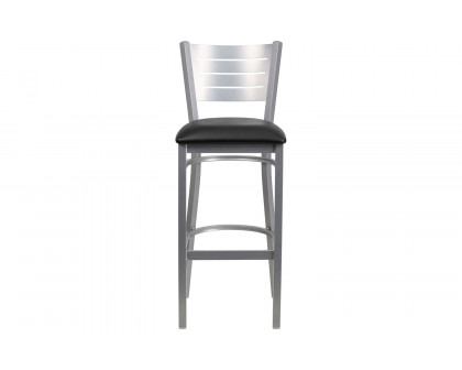 BLNK HERCULES Series Silver Metal Slat Back Restaurant Bar Stool with Vinyl Seat - Black