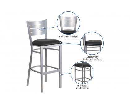 BLNK HERCULES Series Silver Metal Slat Back Restaurant Bar Stool with Vinyl Seat - Black