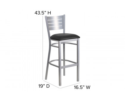 BLNK HERCULES Series Silver Metal Slat Back Restaurant Bar Stool with Vinyl Seat - Black