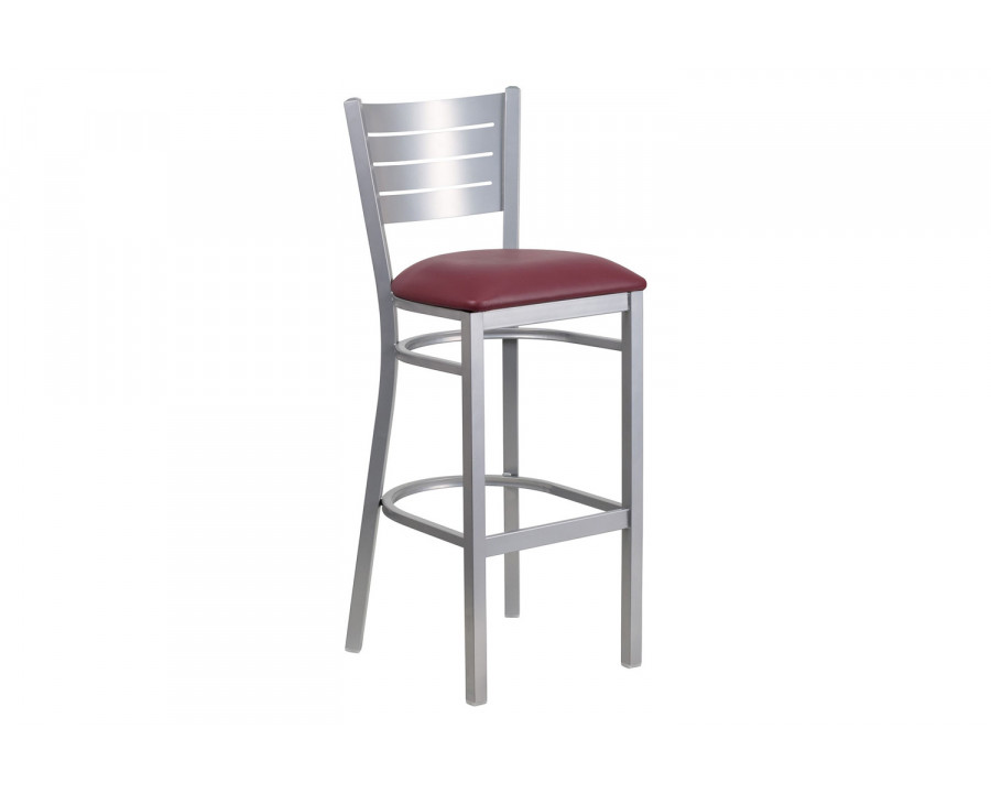 BLNK HERCULES Series Silver Metal Slat Back Restaurant Bar Stool with Vinyl Seat - Burgundy