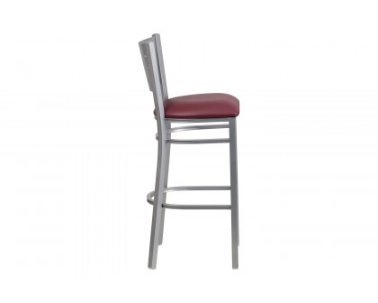 BLNK HERCULES Series Silver Metal Slat Back Restaurant Bar Stool with Vinyl Seat - Burgundy