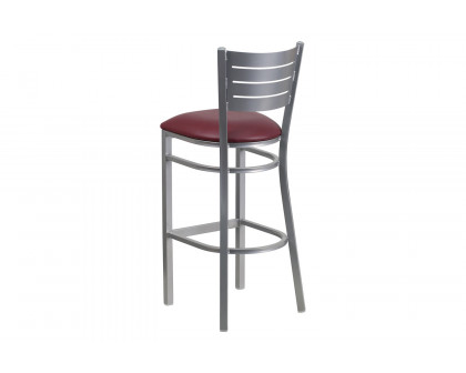 BLNK HERCULES Series Silver Metal Slat Back Restaurant Bar Stool with Vinyl Seat - Burgundy