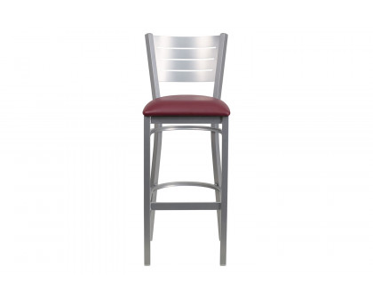 BLNK HERCULES Series Silver Metal Slat Back Restaurant Bar Stool with Vinyl Seat - Burgundy