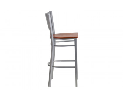 BLNK HERCULES Series Silver Metal Slat Back Restaurant Bar Stool with Wood Seat