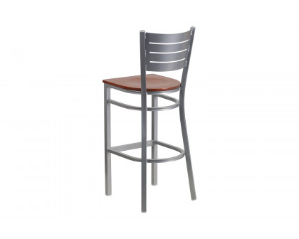 BLNK HERCULES Series Silver Metal Slat Back Restaurant Bar Stool with Wood Seat - Cherry