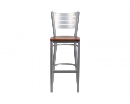 BLNK HERCULES Series Silver Metal Slat Back Restaurant Bar Stool with Wood Seat - Cherry