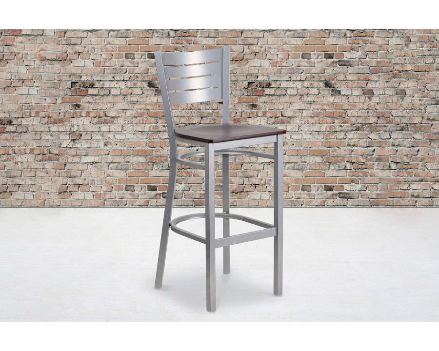 BLNK HERCULES Series Silver Metal Slat Back Restaurant Bar Stool with Wood Seat - Mahogany