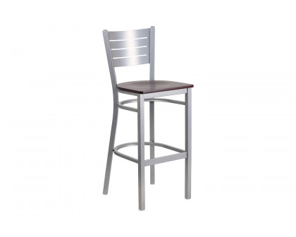 BLNK HERCULES Series Silver Metal Slat Back Restaurant Bar Stool with Wood Seat - Mahogany