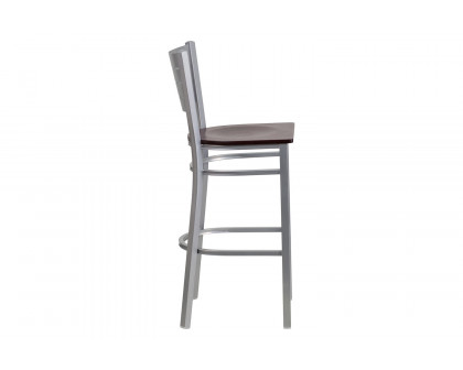 BLNK HERCULES Series Silver Metal Slat Back Restaurant Bar Stool with Wood Seat - Mahogany