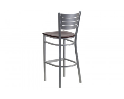 BLNK HERCULES Series Silver Metal Slat Back Restaurant Bar Stool with Wood Seat - Mahogany