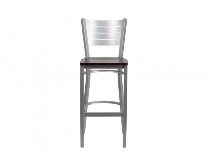 BLNK HERCULES Series Silver Metal Slat Back Restaurant Bar Stool with Wood Seat - Mahogany