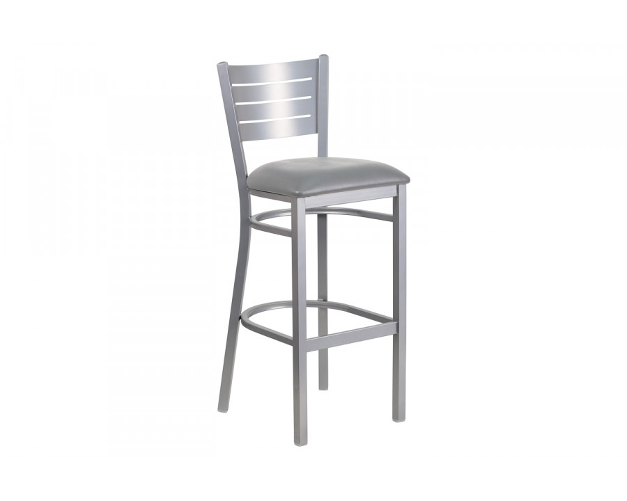 BLNK - HERCULES Series Silver Metal Slat Back Restaurant Bar Stool with Custom Upholstered Seat