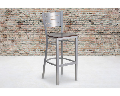 BLNK HERCULES Series Silver Metal Slat Back Restaurant Bar Stool with Wood Seat