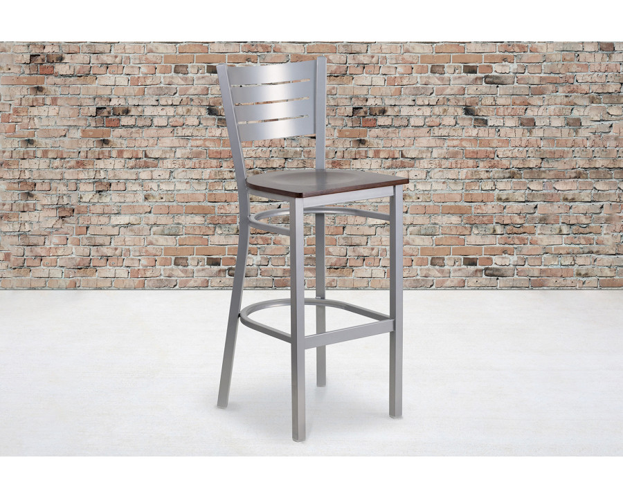 BLNK HERCULES Series Silver Metal Slat Back Restaurant Bar Stool with Wood Seat - Walnut