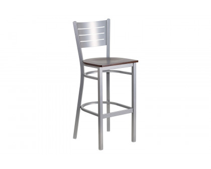 BLNK HERCULES Series Silver Metal Slat Back Restaurant Bar Stool with Wood Seat - Walnut