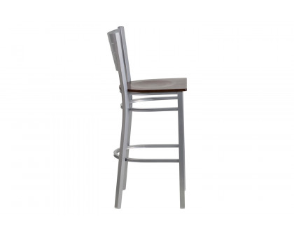 BLNK HERCULES Series Silver Metal Slat Back Restaurant Bar Stool with Wood Seat - Walnut