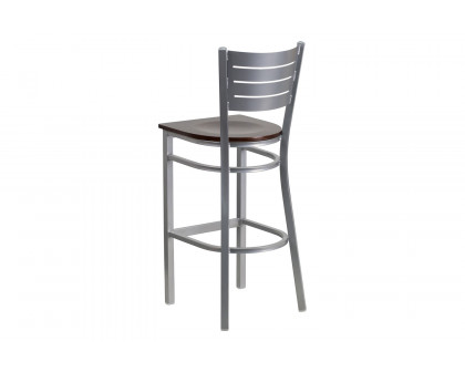 BLNK HERCULES Series Silver Metal Slat Back Restaurant Bar Stool with Wood Seat - Walnut